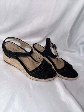 Vionic Black Suede Espadrille Wedge Sandals